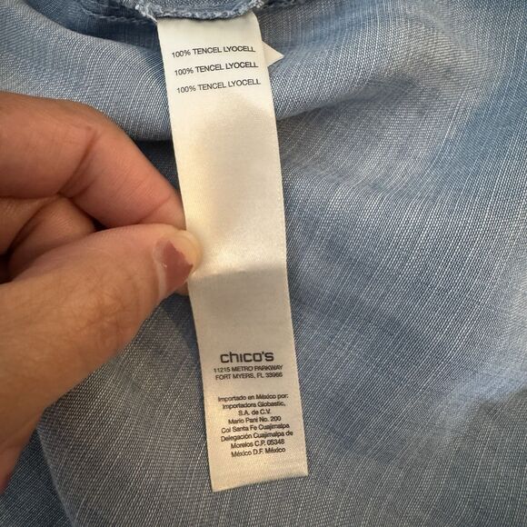 Chicos Blocked Denim Tie Front Jill Shirt Size 2 Large Lyocell Blue Western Boho - Picture 6 of 7